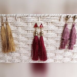 Elegant Tassel Earrings Set - Gold, Red, Pink- Three Pairs- New